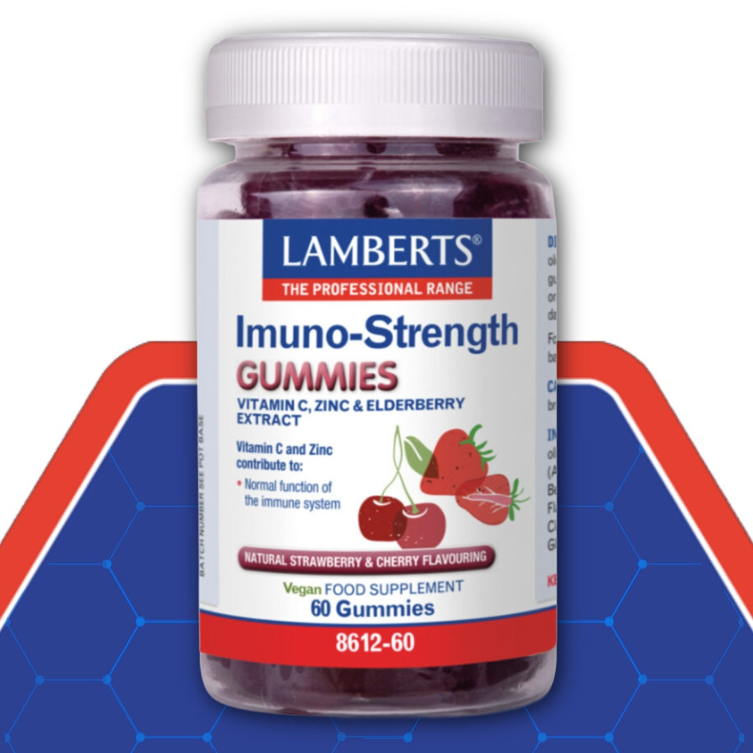 Lambert's Imuno-Strength Gummies supplement bottle on a blue and red background