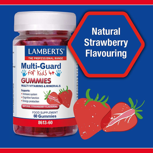 Lamberts Multi-Guard for Kids Gummies bottle with strawberry flavor on a blue background