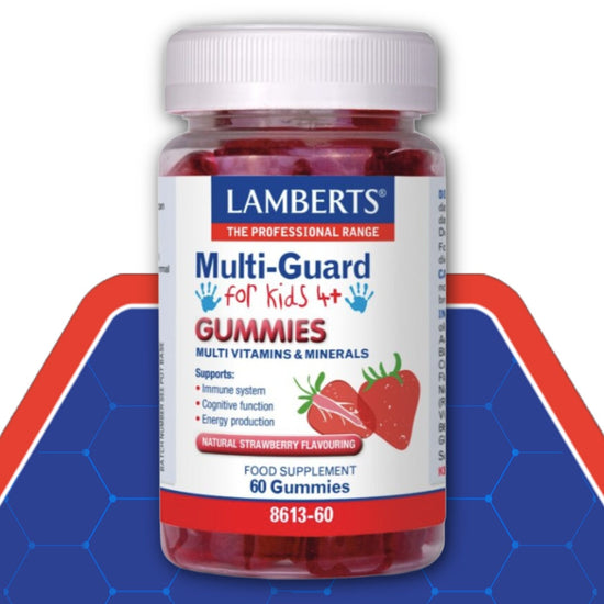 Lamberts Multi-Guard for Kids 4+ Gummies supplement bottle on a blue and red background