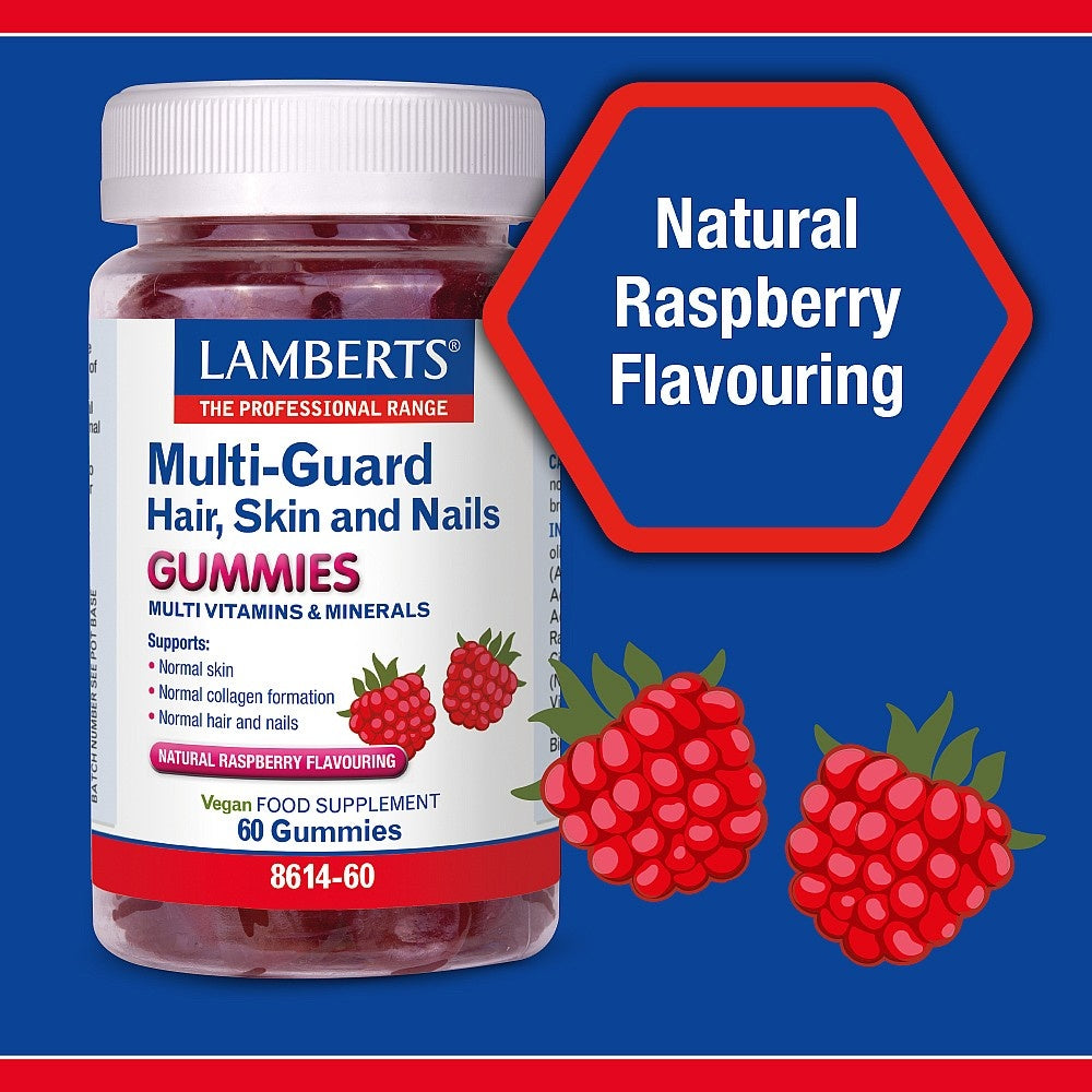 Lamberts Multi-Guard Hair, Skin and Nails Gummies bottle with raspberries on a blue background