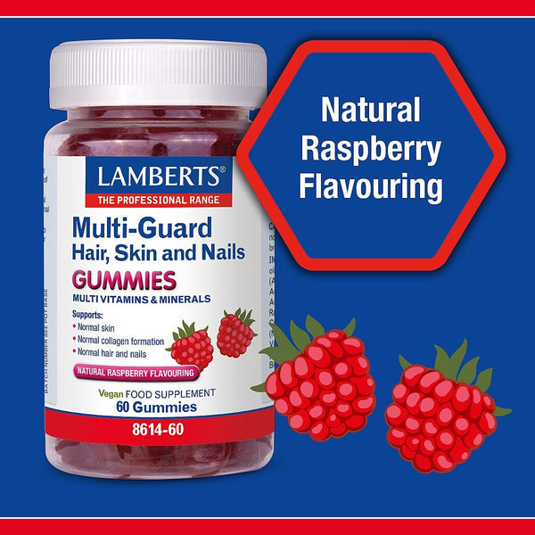 Lamberts Multi-Guard Hair, Skin and Nails Gummies bottle with raspberries on a blue background