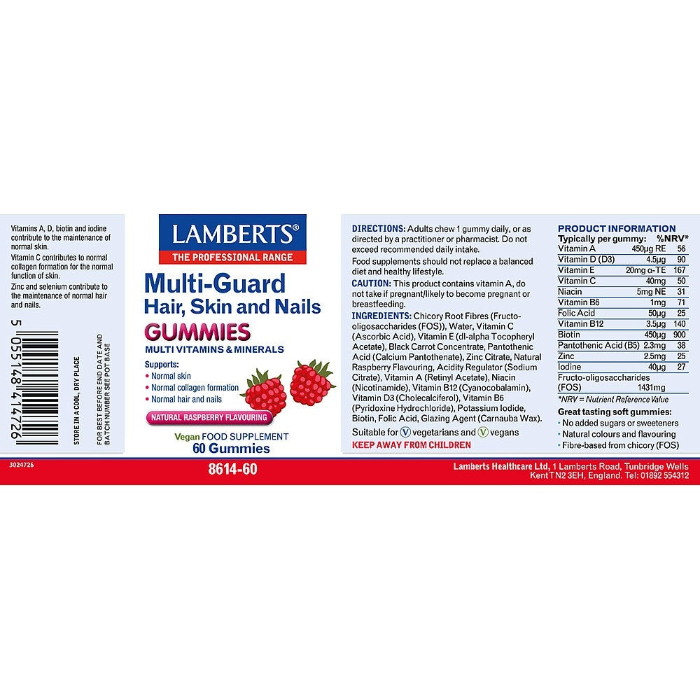 Lamberts Multi-Guard Hair, Skin and Nails Gummies label on a white background