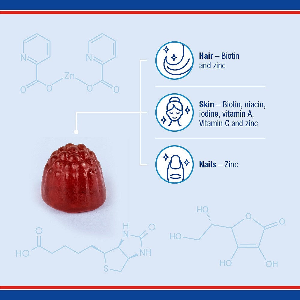 Red supplement capsule with nutritional benefits for hair, skin, and nails on a blue background.