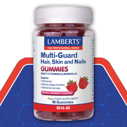 Lamberts Multi-Guard Hair, Skin and Nails Gummies bottle on a blue and red background