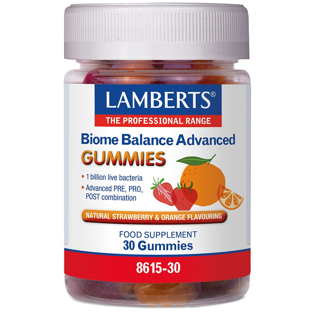 Pot of Lamberts Biome Balance Advanced Gummies on a white background