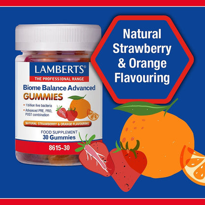 Lamberts Biome Balance Advanced Gummies bottle with strawberries and oranges on a blue background