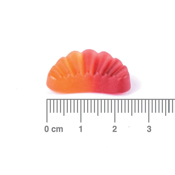 Gummy with a ruler for scale on a white background