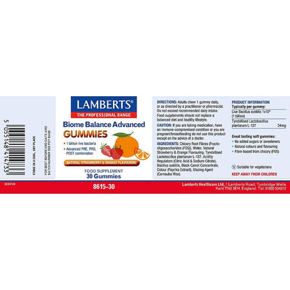 Lamberts Biome Balance Advanced Gummies label on a white background