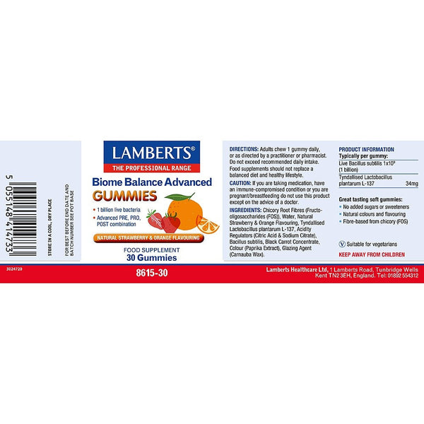 Lamberts Biome Balance Advanced Gummies label on a white background