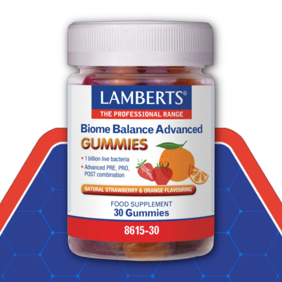 Lamberts Biome Balance Advanced Gummies supplement bottle on a blue and red background
