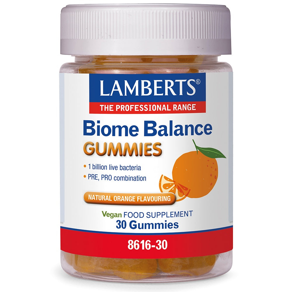 pot of Lamberts Biome Balance Gummies with an orange flavor on a white background