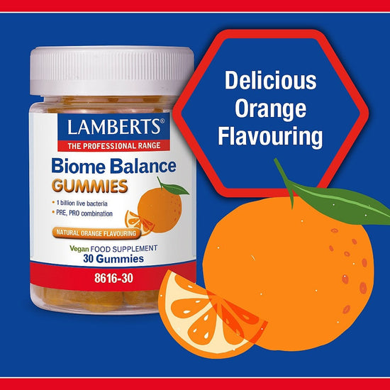 Lamberts Biome Balance Gummies with orange flavor on a blue background