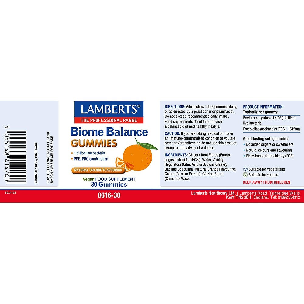 Lamberts Biome Balance Gummies supplement label on a white background