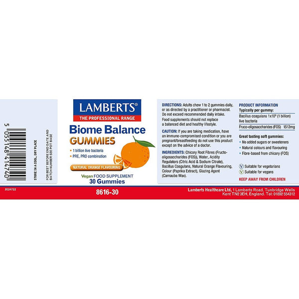 Lamberts Biome Balance Gummies supplement label on a white background