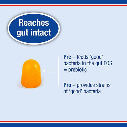 Orange gummy with text explaining prebiotic and probiotic benefits on a blue background