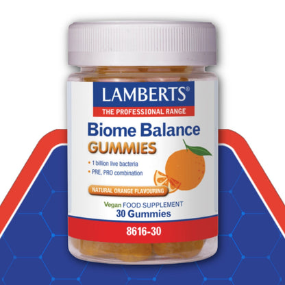 pot of Lamberts Biome Balance Gummies on a blue and red background
