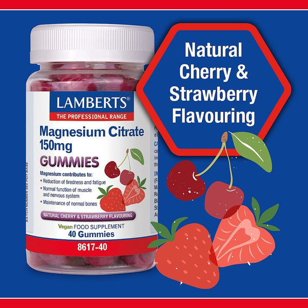 Lambert's magnesium citrate gummies with cherry and strawberry flavor on a blue background
