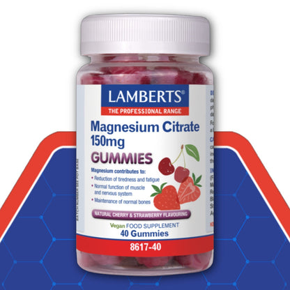 Bottle of Lamberts Magnesium Citrate 150mg Gummies on a blue and red background