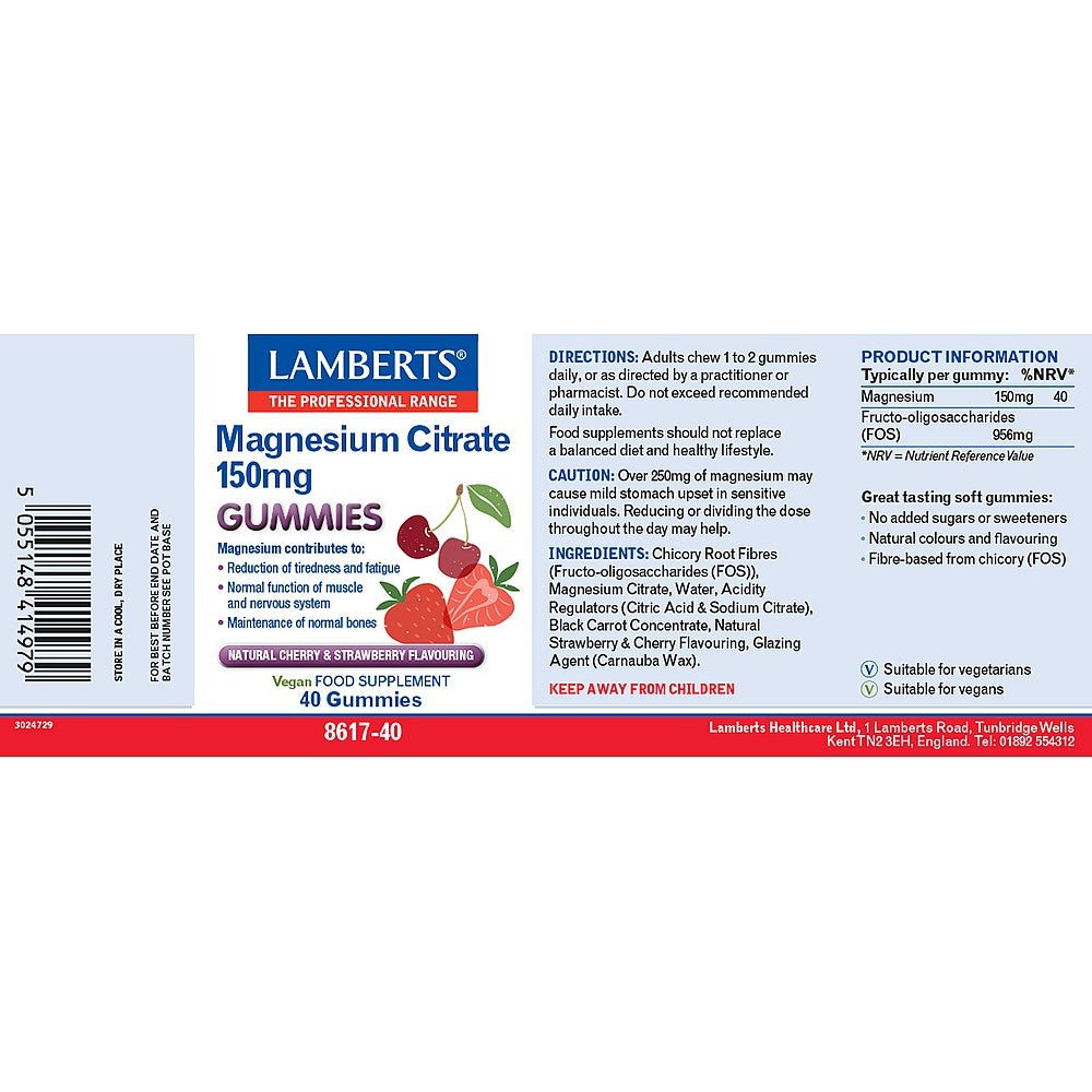 Lamberts Magnesium Citrate 150mg gummies label with cherry and strawberry graphics.