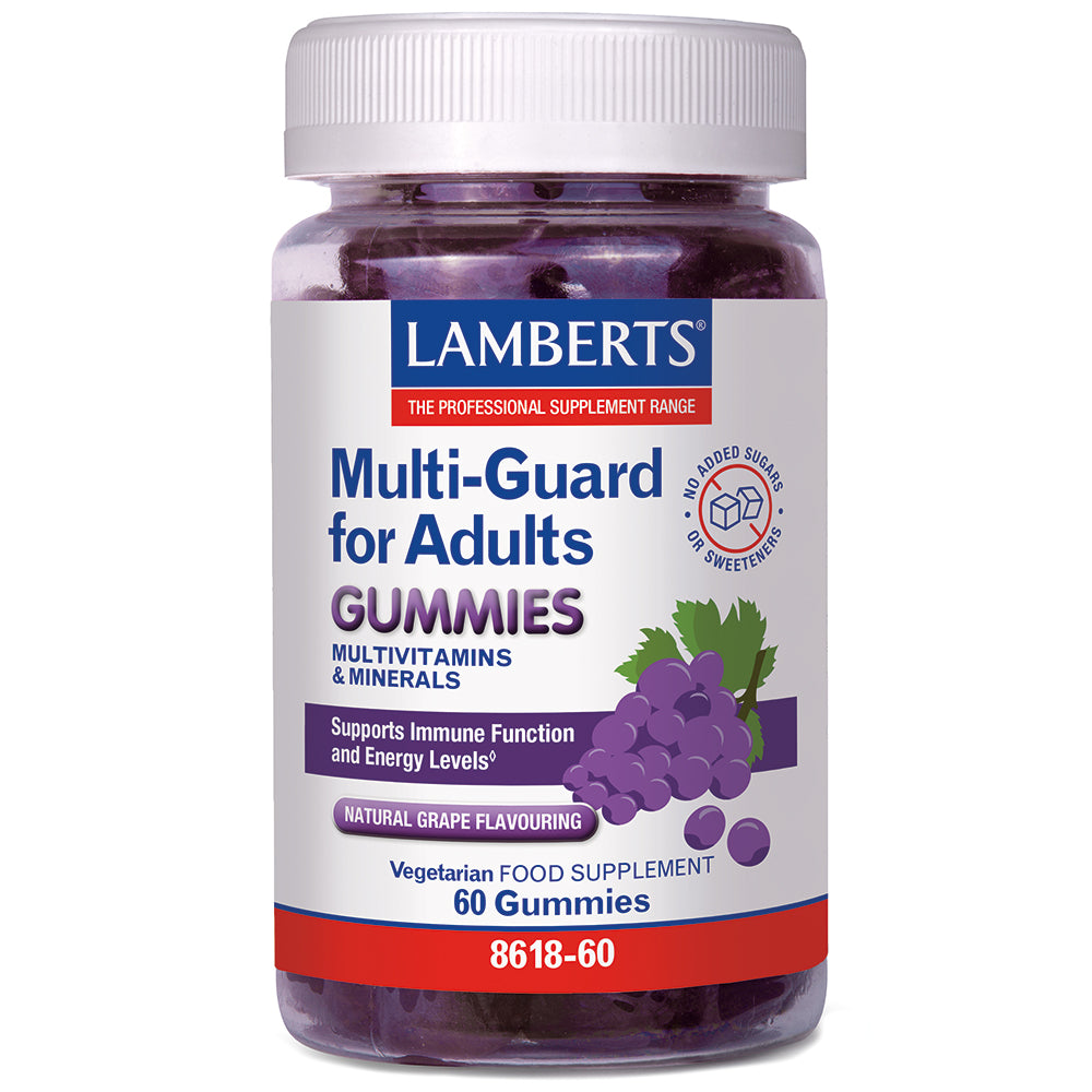 A bottle of Lamberts Multi-Guard for Adults Gummies, grape flavor, containing 60 vegetarian food supplements, shown on a plain white background.