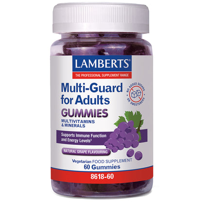 A bottle of Lamberts Multi-Guard for Adults Gummies, grape flavor, containing 60 vegetarian food supplements, shown on a plain white background.