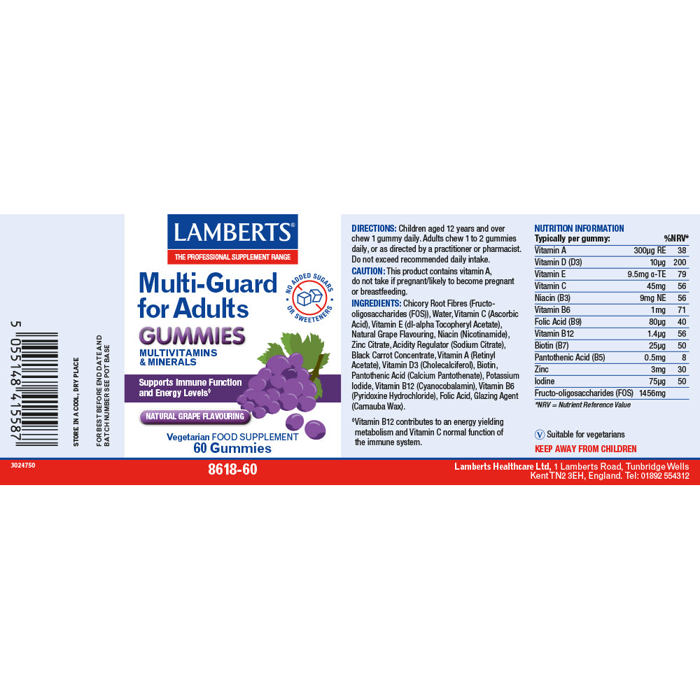 Lamberts Multi-Guard for Adults Gummies packaging label showing product details, directions, ingredients, and nutrition facts on a white background.
