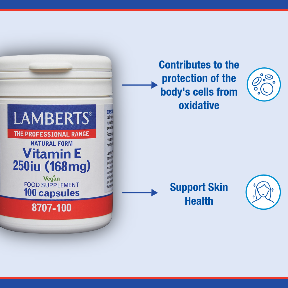 Lamberts Vitamin E supplement container with text on a blue background