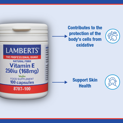 Lamberts Vitamin E supplement container with text on a blue background