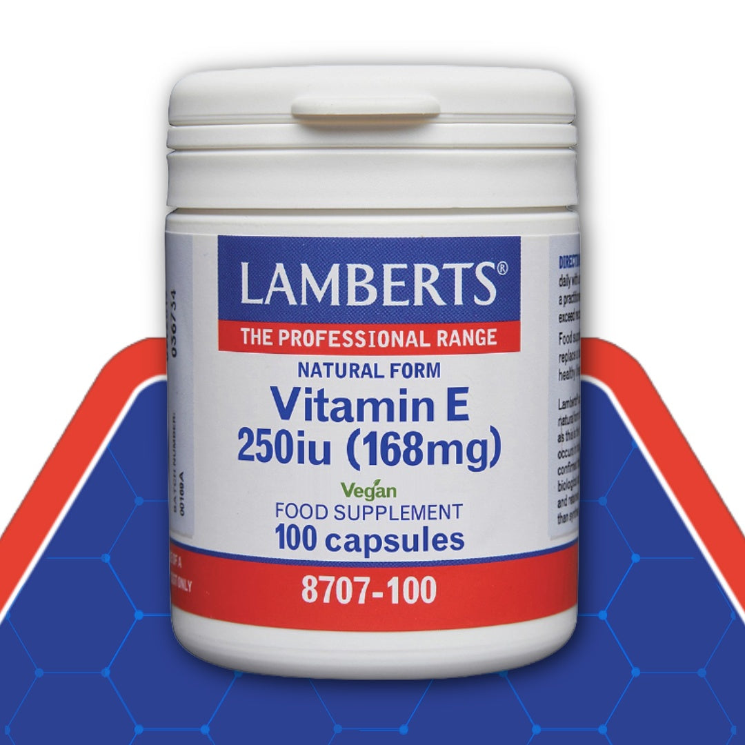 Lamberts Vitamin E supplement container on a blue and red background