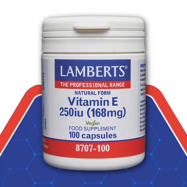 Lamberts Vitamin E supplement container on a blue and red background