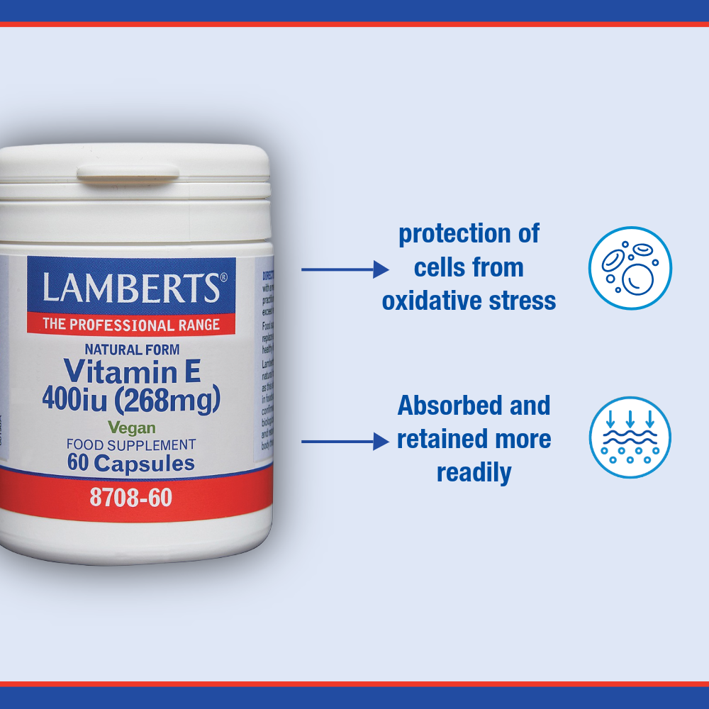 Lamberts Vitamin E supplement container with text on a light blue background