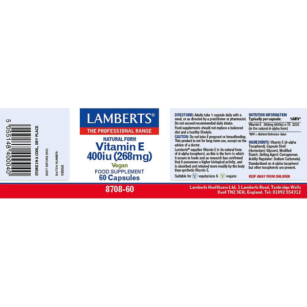 Lamberts Vitamin E supplement label on a white background