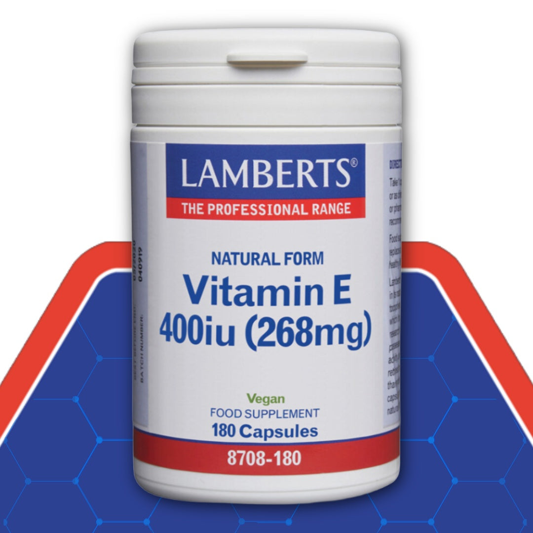 Lamberts Vitamin E supplement container on a blue and red background
