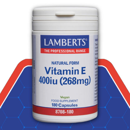 Lamberts Vitamin E supplement container on a blue and red background