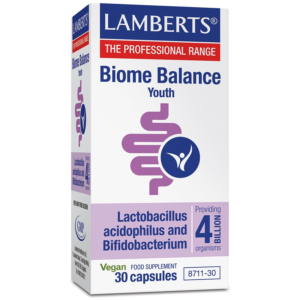 Lamberts Biome Balance Youth supplement packaging on a white background