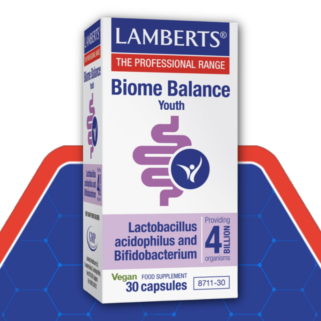 Lamberts Biome Balance Youth supplement box on a blue and red background