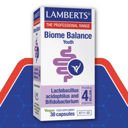 Lamberts Biome Balance Youth supplement box on a blue and red background