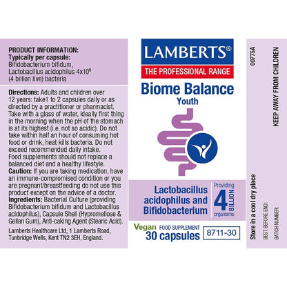 Lamberts Biome Balance Youth supplement label with product information and directions.