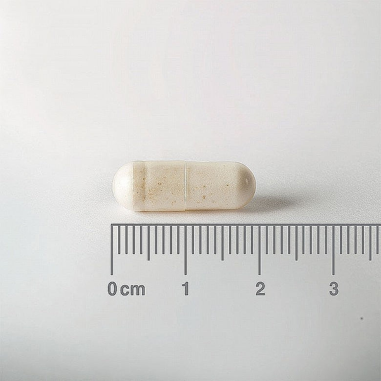 capsule next to a ruler on a white background