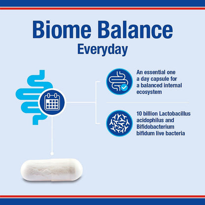 Biome Balance Everyday supplement capsule with text and icons on a blue background