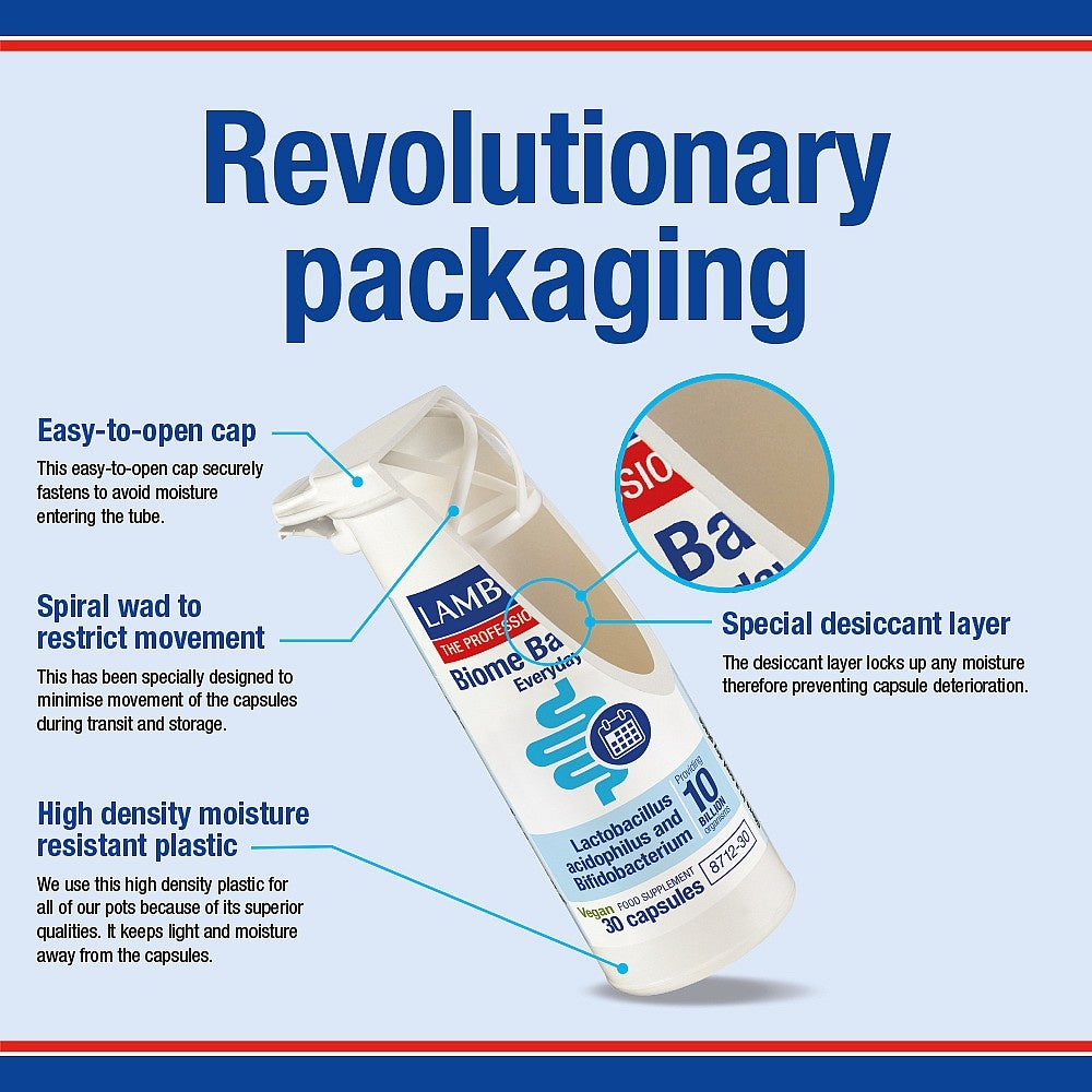 Lamberts Biome Balance packaging with features highlighted on a blue background