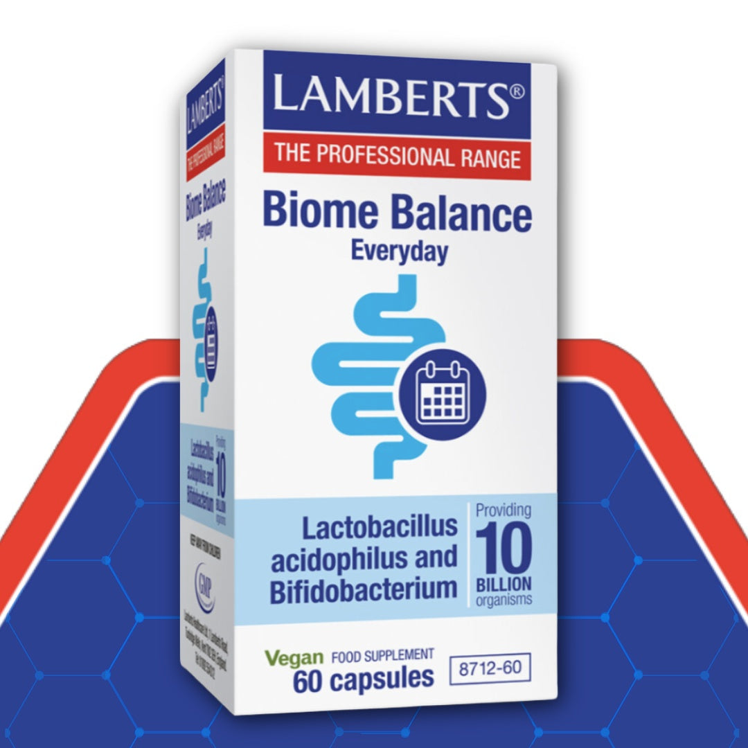Lamberts Biome Balance supplement box on a blue and red background