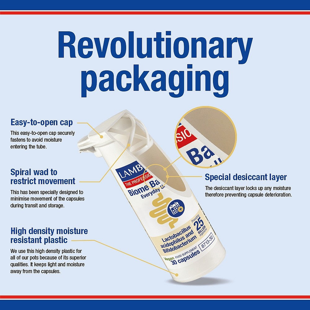 Lamberts Biome Balance packaging with features highlighted on a blue background