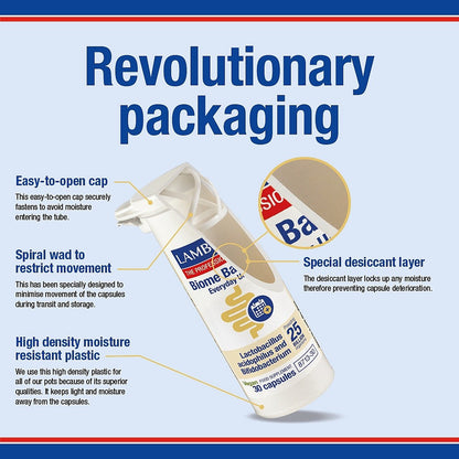 Lamberts Biome Balance packaging with features highlighted on a blue background