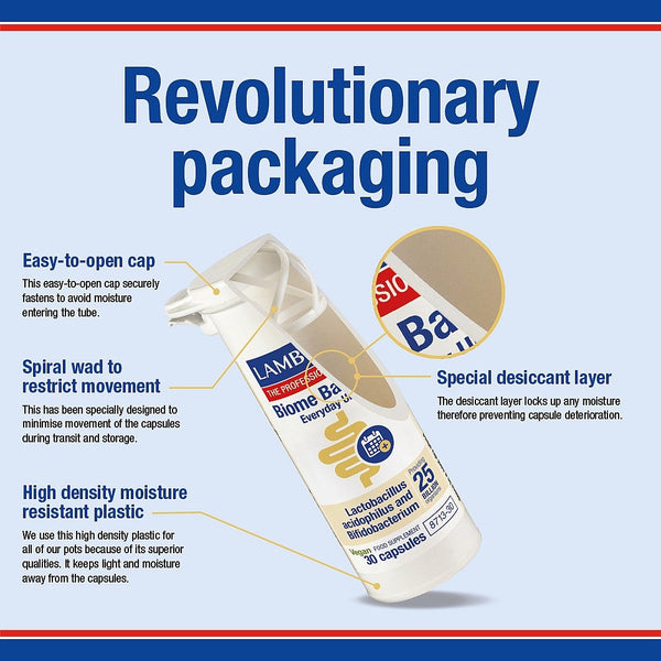 Lamberts Biome Balance packaging with features highlighted on a blue background