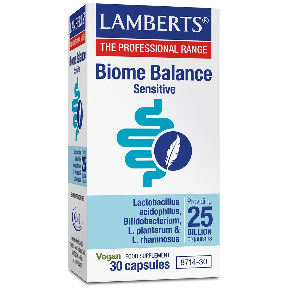 Lamberts Biome Balance Sensitive supplement box on a white background