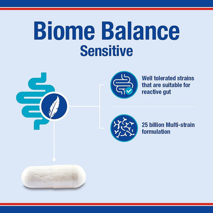 Biome Balance Sensitive supplement capsule with features on a blue background