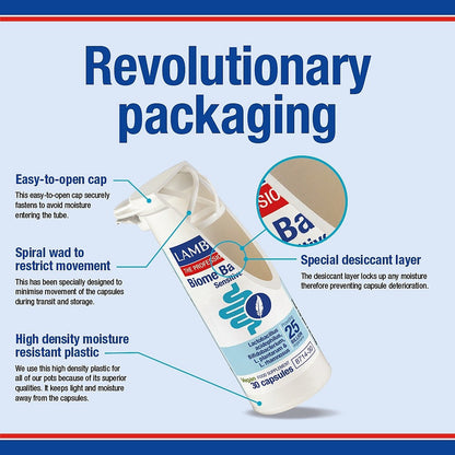Lamberts Biome Balance supplement packaging with features highlighted on a blue background