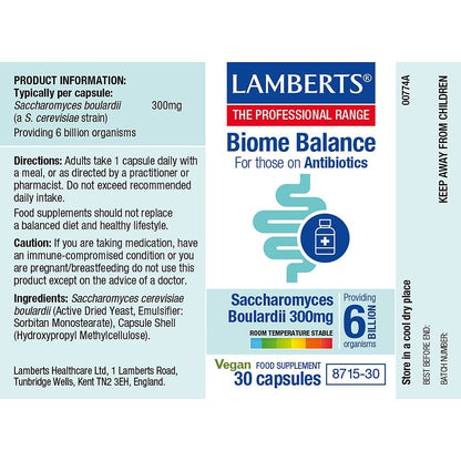 Lamberts Biome Balance supplement label with product information and directions.