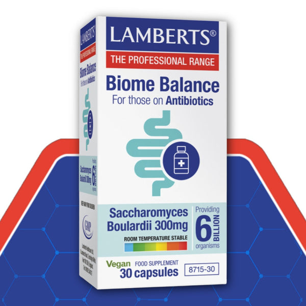 Lamberts Biome Balance supplement box on a blue and red background
